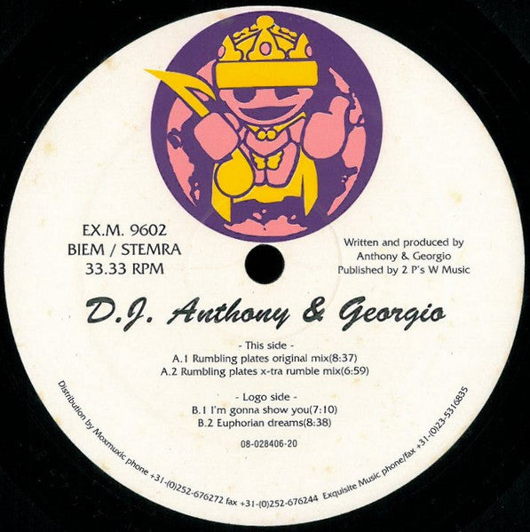 Image of Front Cover of 12" - /VG - D.J. ANTHONY & GEORGIO, Rumbling Plates (Exquisite Music; EX.M. 9602, Netherlands 1996, Plain Sleeve), ,  - 3726363E
