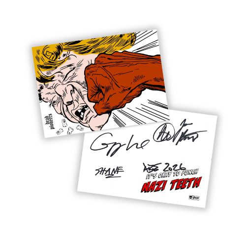 Image of Back Cover of LP - NEW/NEW - DEAD PIONEERS, Wagon Burner - Dinked Edition (Hassle Records; HOFF496LPDINK, UK 2026, Black & White Splatter Vinyl, Numbered Limited Pressing of 500, Dinked Edition No. 403, Signed 'Nazi Teeth' Postcard, 12" x 12" Gregg Deal Illustration Print, Giant Folded Shepard Fairey x Dead Pioneers Poster.), ,  - 2636120E