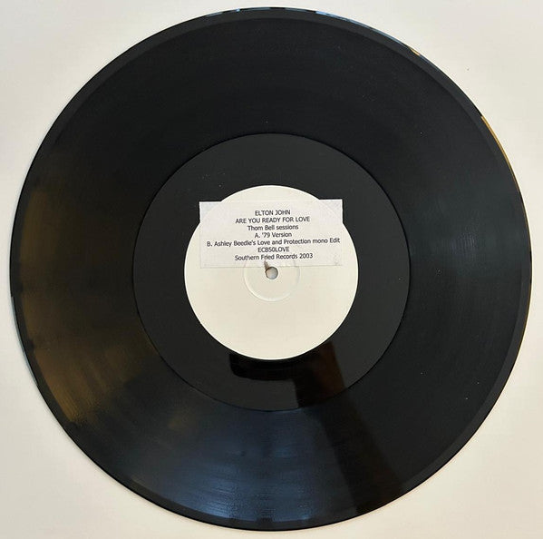 Image of Front Cover of 12" - /VG - ELTON JOHN, Are You Ready For Love (Southern Fried Records; ECB50LOVE, UK 2003, Stickered White Label, Generic Sleeve), Stickered white label version in plain sleeve. Small scuff that causes a couple light clicks to A side intro but otherwise fine, A - Are You Ready For Love ('79 Original)B - Are You Ready For Love (Ashley Beedle Love And Protection Mono Edit) - 1226407E