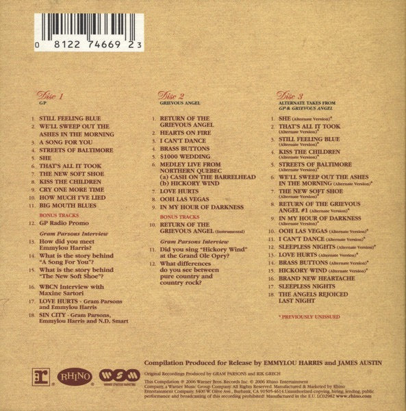 Image of Back Cover of 3xCD - VG+/VG+ - GRAM PARSONS, The Complete Reprise Sessions (Rhino Records; 8122-74669-2, Europe 2006, Box Set, Booklet & Insert), Nice copy showing minimal sign of use.,  - 1216520C