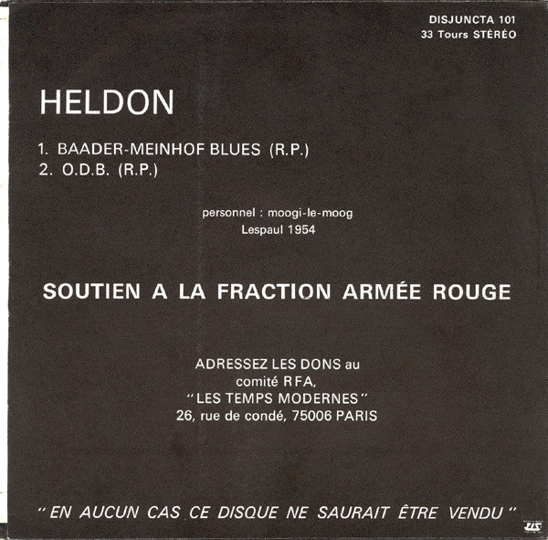 Image of Back Cover of 7" - VG+/VG+ - HELDON, Baader-Meinhof Blues / O.D.B. (Disjuncta ; 101, France 1975, Picture Sleeve), ,  - 1226442E