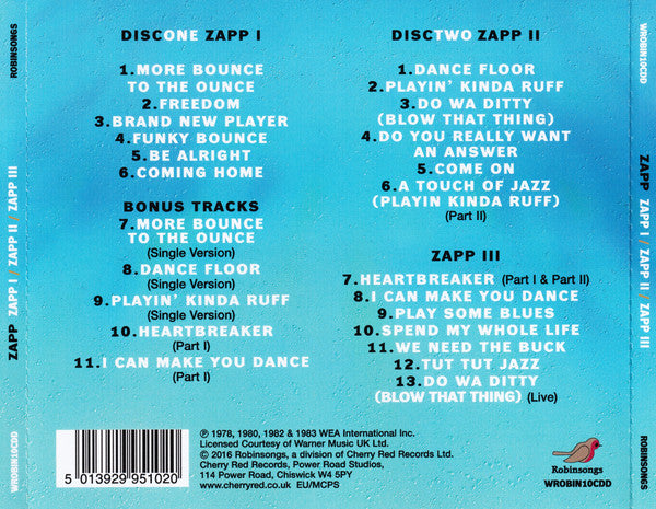 Image of Back Cover of 2xCD - VG+/VG+ - ZAPP, Zapp I / Zapp II / Zapp III (Robinsongs; WROBIN10CDD, UK 2016, Jewel Case), Opened Instore,  - 1256198S