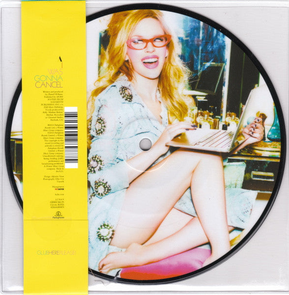 Image of Back Cover of 7" - VG+/VG+ - KYLIE MINOGUE, I Was Gonna Cancel (Parlophone; R6933, UK 2014, Clear PVC Sleeve With Obi, Single Sided Web-Store Exclusive Picture Disc Limited To 1500), Strong VG+ throughout., Killer Pharrell Williams Writing/Production. - 3816410C
