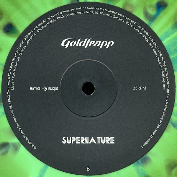 Image of Label Cover of 2xLP - EX/VG+ - GOLDFRAPP, Supernature (Mute; 964188140, Europe 2025 Reissue, Gatefold, 2 Inners, Blue/Green Splatter Peacock Vinyl, 20th Anniversary, Half Speed Mastered), Still In Opened Shrinkwrap With Hype Sticker,  - 1316020C
