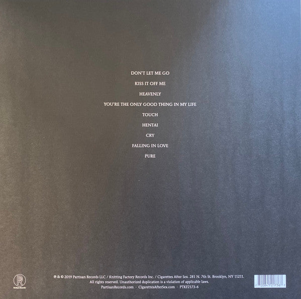 Image of Back Cover of LP - VG+/VG+ - CIGARETTES AFTER SEX, Cry (Partisan Records  ; PTKF2173-3, UK, Europe & US 2019, Inner, Poster, Clear Vinyl), ,  - 1226347E