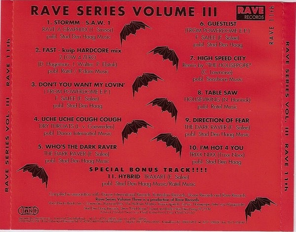 Image of Back Cover of CD - VG+/VG+ - VARIOUS, Rave Series Volume III (Rave Records; RAVE 11th, Netherlands 1992, Jewel Case), ,  - 1316062C