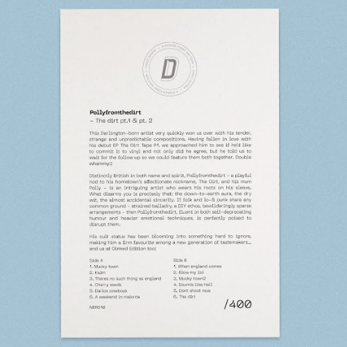 Image of Back Cover of LP - NEW/NEW - POLLYFROMTHEDIRT, The dirt - Dinked Edition (Dinked Edition; NERD10, UK 2026, Translucent Black Vinyl, Numbered Limited Pressing of 400, Dinked Edition No. ED10, Signed, Numbered & Debossed A5 Insert.), , Hailing from Darlington, Pollyfromthedirt creates raw, rough-edged alternative music steeped in grit, emotion, and unfiltered truth. Blending jagged guitar work with lo-fi textures and stark lyricism, their sound is as uncompromising as it is evocative. At the heart of
