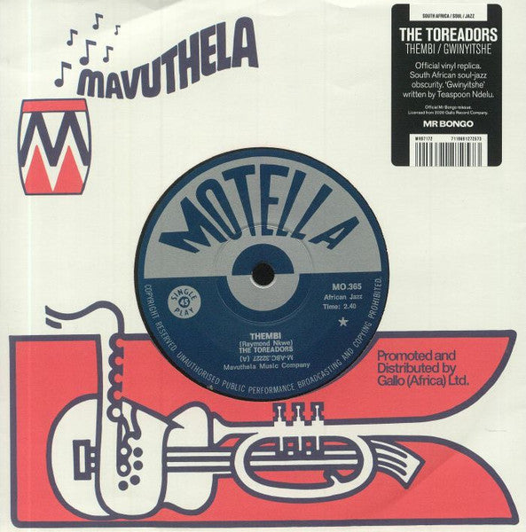 Image of Front Cover of 7" - VG+/EX - THE TOREADORS, Thembi / Gwinyitshe (Mr Bongo; MRB7172, UK 2021, Stickered Company Sleeve), Light sticker residue on back of sleeve.,  - 1326065E