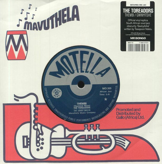 Image of Front Cover of 7" - VG+/EX - THE TOREADORS, Thembi / Gwinyitshe (Mr Bongo; MRB7172, UK 2021, Stickered Company Sleeve), Light sticker residue on back of sleeve.,  - 1326065E