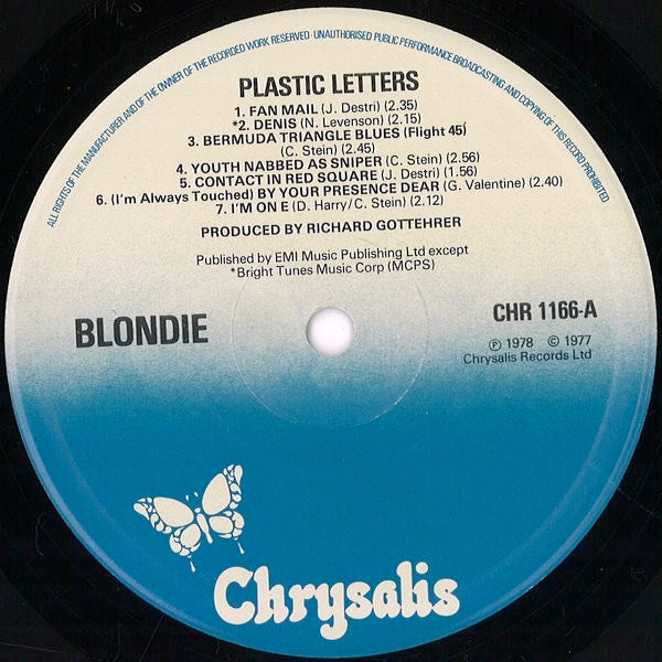 Image of Label Cover of 2024078E: LP - BLONDIE, Plastic Letters (Chrysalis Blue/White; CHR 1166, UK 1978)   VG/VG