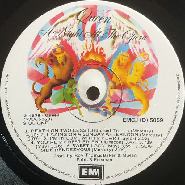 Image of Label Cover of LP - VG+/VG - QUEEN, A Night At The Opera (EMI B.Feldman Credit; EMCJ(D) 5059, South Africa 1975, Laminated Gatefold Sleeve, Inner, With Original Promo Insert), Light marks, plays with light backround noise in places. Small corner crease to insert.,  - 1316165C