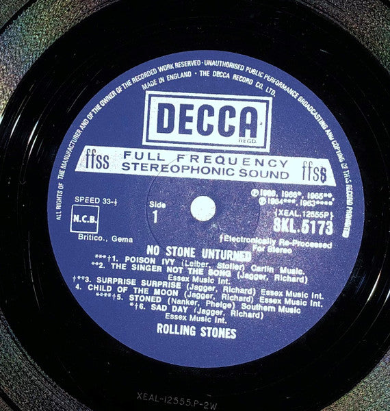 Image of Label Cover of LP - VG/G+ - THE ROLLING STONES, No Stone Unturned (Decca Boxed Blue Labels; SKL.5173, UK 1973, Robert Stace Laminated Front Sleeve, Company Inner, Stereo, P-2W Runouts, 1963 Credit Precedes The Asterisks On Side One Label), Strong G+, Long light hairlines and light mottling, Strong VG sleeve, Light scratchy marks to laminate only,  - 1316125C