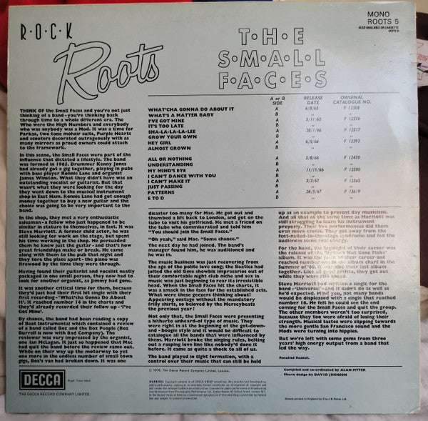 Image of Back Cover of LP - VG/VG - THE SMALL FACES, Rock Roots (Decca; ROOTS 5, UK 1980s Reissue), ,  - 1316135C