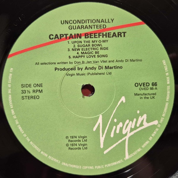 Image of Label Cover of LP - VG/VG - CAPTAIN BEEFHEART AND THE MAGIC BAND, Unconditionally Guaranteed (Virgin Red/Green Labels; OVED 66, UK 1985 Reissue, Stereo On Rear Sleeve, No Kensal House Address On Sleeve. ), Strong VG Throughout ,  - 1316137C