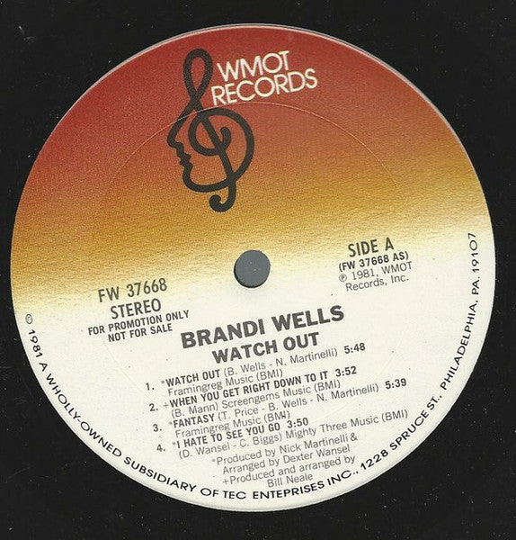 Image of Label Cover of 12" - VG/VG+ - BRANDI WELLS, Watch Out (WMOT Records; FW 37668, US 1981), Light marks. Light wear to edge of sleeve.,  - 1346111S