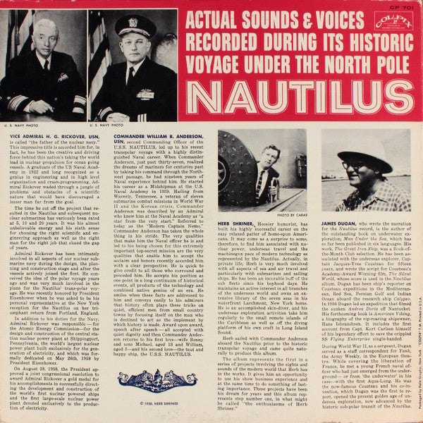 Image of Back Cover of LP - G+/VG - HERB SHRINER, Nautilus: Actual Sounds & Voices Recorded During Its Historic Voyage Under The North Pole (Colpix Records ; CP 701, US 1958, Gatefold, Stapled In Booklet), Sticker Damage To Sleeve, Split Spine And Seams, Overall Sleeve Wear,  - 1326163E