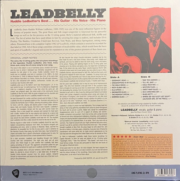 Image of Back Cover of LP - NEW/NEW - LEADBELLY, Huddie Ledbetter's Best... His Guitar - His Voice - His Piano (Blues Joint; 8032, Europe 2024 Reissue, Insert, Limited Edition), ,  - 1336106E