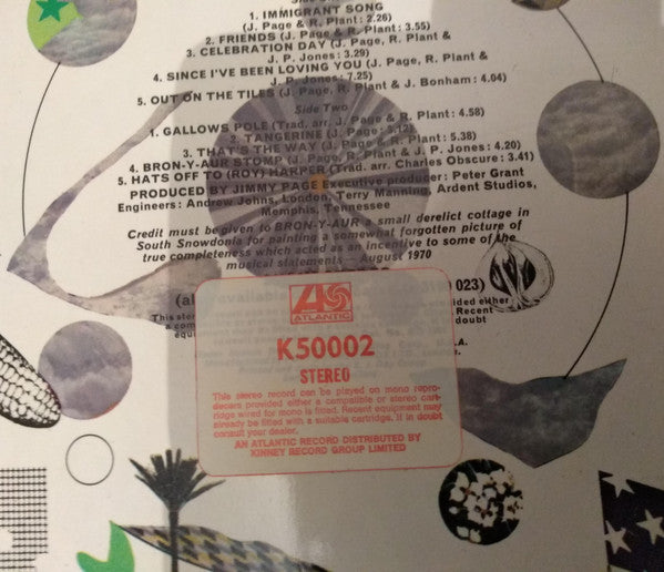 Image of Back Cover of LP - VG/VG - LED ZEPPELIN, Led Zeppelin III (Atlantic Plum & Orange Labels; K 50002, UK 1970s Reissue, Laminated Spinner Gatefold Sleeve With Atlantic K50002 Sticker Inside, Crossover Matrices: Do what thou wilt 2401002 A-5 GHC / 2401002 B//6 420), Strong VG, Clean glossy disc, A handful of wispy hairlines and very light mottling, Laminate bubbling on both sides of sleeve sleeve, Spinner working and intact. , LED ZEPPELIN, Led Zeppelin III (Atlantic Plum & Orange Labels; K 50002, UK 1