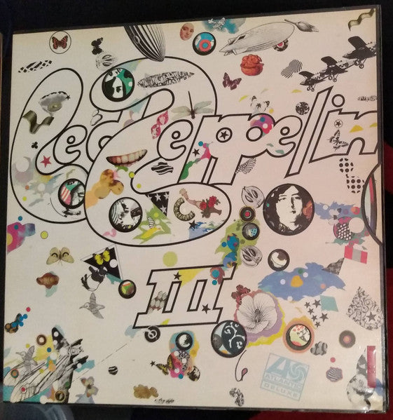Image of Front Cover of LP - VG/VG - LED ZEPPELIN, Led Zeppelin III (Atlantic Plum & Orange Labels; K 50002, UK 1970s Reissue, Laminated Spinner Gatefold Sleeve With Atlantic K50002 Sticker Inside, Crossover Matrices: Do what thou wilt 2401002 A-5 GHC / 2401002 B//6 420), Strong VG, Clean glossy disc, A handful of wispy hairlines and very light mottling, Laminate bubbling on both sides of sleeve sleeve, Spinner working and intact. , LED ZEPPELIN, Led Zeppelin III (Atlantic Plum & Orange Labels; K 50002, UK 