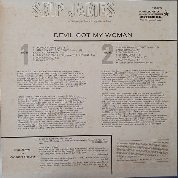 Image of Back Cover of LP - VG/G+ - SKIP JAMES, Devil Got My Woman (Vanguard; VSD 79273, US 1970s Reissue, Stereo), Record fogged. Sleeve slightly bent; pinched / creased on reverse; a stain and some wear,  - 1316415C