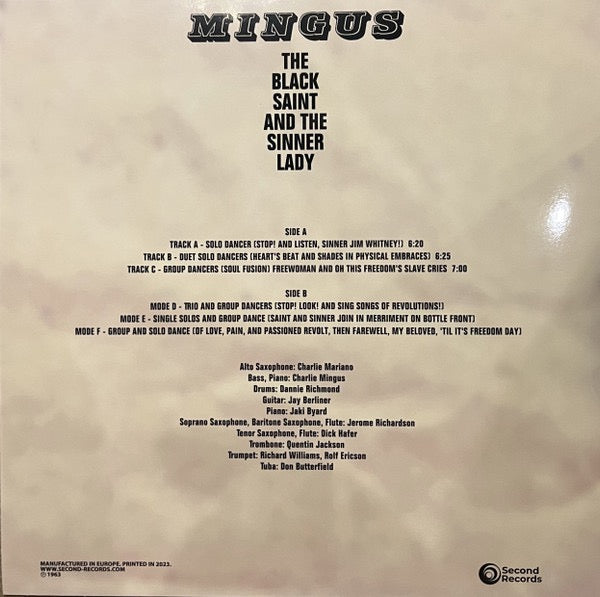 Image of Back Cover of LP - NEW/NEW - CHARLES MINGUS, The Black Saint And The Sinner Lady (Second Records; SRPD0063ME, Europe 2023 Reissue, Stereo, 180g, Marble Vinyl), , The Black Saint and The Sinner Lady is without question Mingus  magnum opus A six-part suite with dramatic shifts in mood and tempo, it balances delicate Spanish modes and Ellingtonian themes, the ensemble breaking into a divine cacophony of group improvisation on par with free jazz giants like Ornette Coleman. - 3536188E