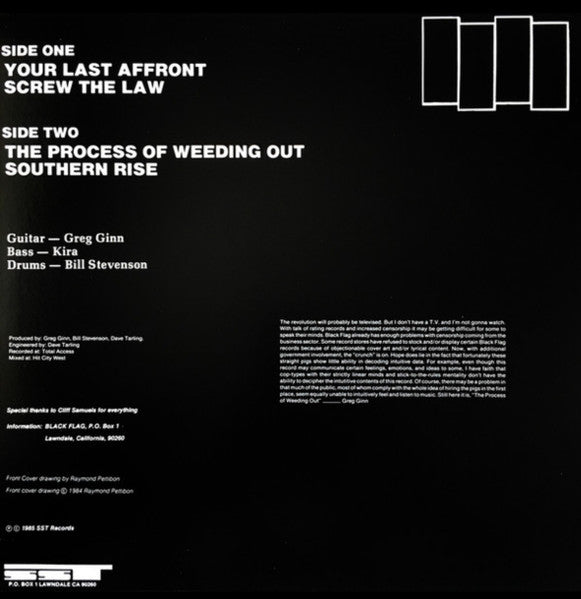 Image of Back Cover of 12" EP - NEW/NEW - BLACK FLAG, The Process Of Weeding Out (SST Records; SST 037, US 2000s Reissue, Picture Sleeve), ,  - 1356206S