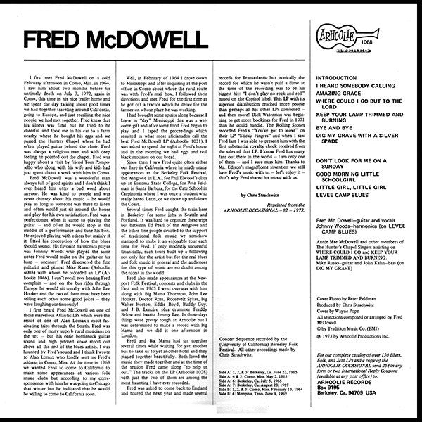 Image of Back Cover of LP - VG/VG - FRED MCDOWELL, Keep Your Lamp Trimmed And Burning (Arhoolie Records; 1068, US 1973), Small split at top edge of sleeve; other edges have some wear and are pinched in places,  - 1316419C