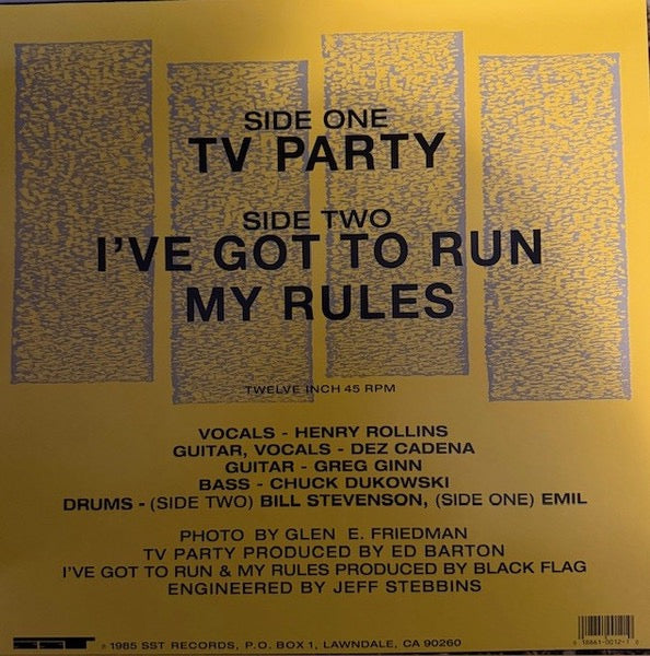 Image of Back Cover of 12" - NEW/NEW - BLACK FLAG, TV Party (SST Records; SST 012, US Reissue, Picture Sleeve), ,  - 1316424C