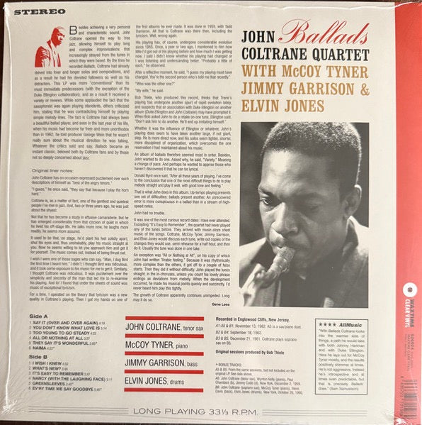 Image of Back Cover of LP - NEW/NEW - JOHN COLTRANE QUARTET, Ballads (Waxtime Clear Vinyl; 526024, Europe 2025 Reissue, Clear Vinyl), ,  - 1316425C