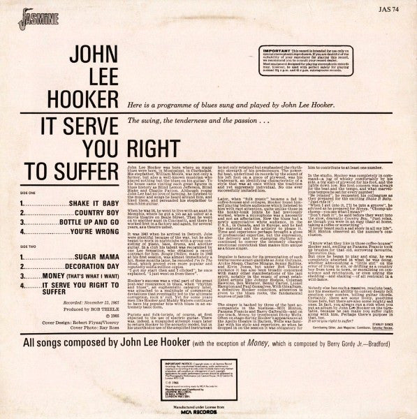 Image of Back Cover of LP - VG/VG+ - JOHN LEE HOOKER, It Serve You Right To Suffer (Jasmine Records; JAS 74, UK 1984 Reissue, Company Inner), Sleeve has some wear, creasing, discolouration and light mottling. Sticker ghost on front,  - 1316420C