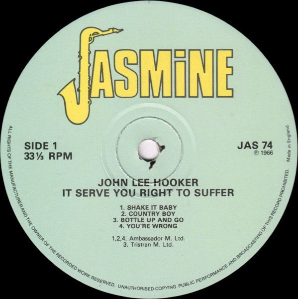 Image of Label Cover of LP - VG/VG+ - JOHN LEE HOOKER, It Serve You Right To Suffer (Jasmine Records; JAS 74, UK 1984 Reissue, Company Inner), Sleeve has some wear, creasing, discolouration and light mottling. Sticker ghost on front,  - 1316420C