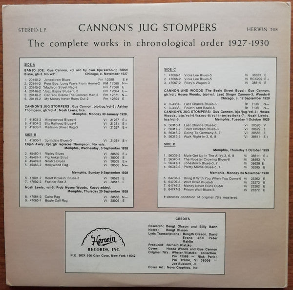 Image of Back Cover of 2xLP - G+/VG - CANNON'S JUG STOMPERS, The Complete Works In Chronological Order 1927-1930 Including Gus Cannon As Banjo Joe (Herwin Records; 208, US 1970s), Sleeve has mottling and staining on inside of gatefold,  - 1316421C