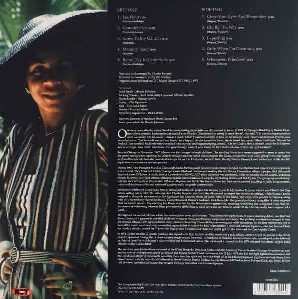Image of Back Cover of LP - NEW/NEW - MINNIE RIPERTON, Come To My Garden (Not Now Music; NOTLP254, UK 2017 Reissue, 180 Gram Green Translucent Vinyl), ,  - 3036089E