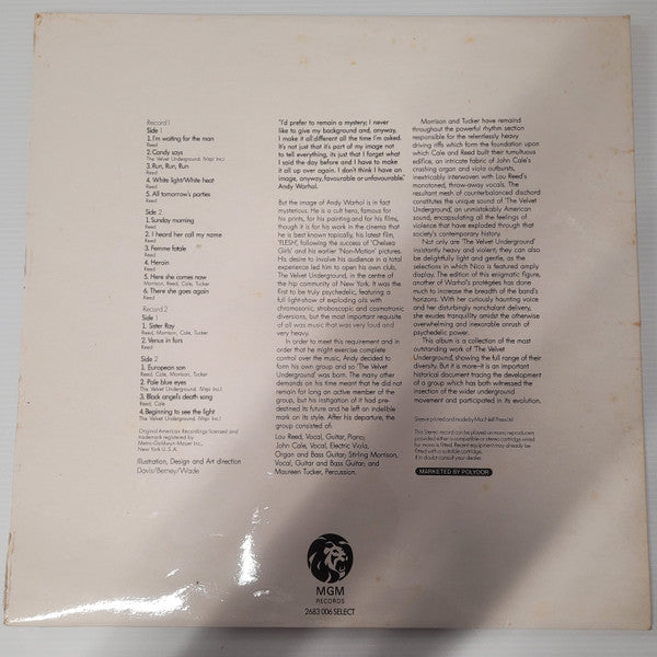 Image of Back Cover of 2xLP - VG/VG - ANDY WARHOL'S VELVET UNDERGROUND FEATURING NICO, Andy Warhol's Velvet Underground Featuring Nico (MGM Records Blue & Gold Labels With Raised Rim; 2683 006, UK 1971, Laminated Gatefold Sleeve), Lamination Creases, Ring Wear And Marks On Sleeve,  - 3746146S