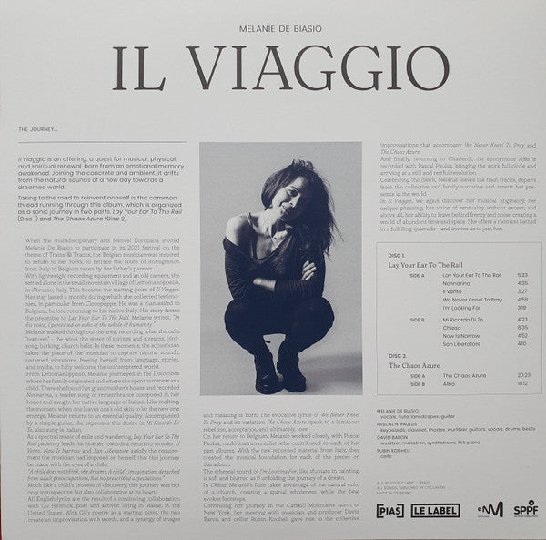 Image of Back Cover of 2xLP - EX/EX - MELANIE DE BIASIO, Il Viaggio (Lay Your Ear To The Rail / The Chaos Azure) ([PIAS] Le Label; PIASLL202LP, Europe 2023, 2 Inners & Booket), ,  - 1346209S