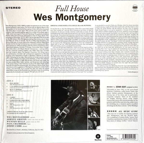 Image of Back Cover of LP - NEW/NEW - WES MONTGOMERY, Full House (WaxTime; 771843, Spain 2013 Reissue, 180 Gram Vinyl), ,  - 2436132E