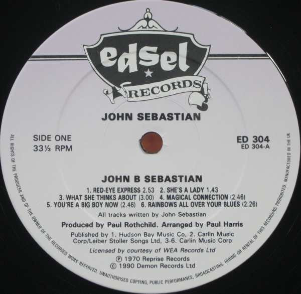 Image of Label Cover of LP - VG/VG - JOHN B. SEBASTIAN, John B. Sebastian (Edsel Records; ED 304, UK 1990 Reissue, Stickered Picture Sleeve, Insert), ,  - 1316393C