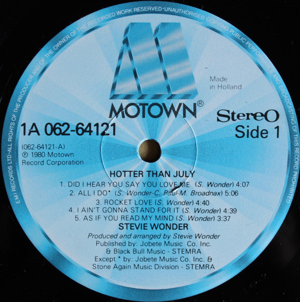 Image of Label Cover of LP - VG/VG - STEVIE WONDER, Hotter Than July (Motown; 1A 062-64121, Netherlands 1980, Gatefold, Inner), ,  - 2226250E