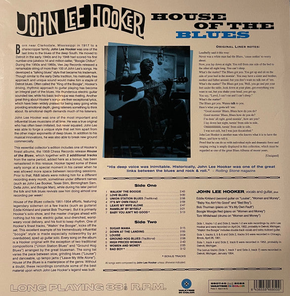 Image of Back Cover of LP - NEW/NEW - JOHN LEE HOOKER, House Of The Blues (WaxTime In Color; 950740, US 2022 Reissue, 180g Blue Vinyl), ,  - 2456135S