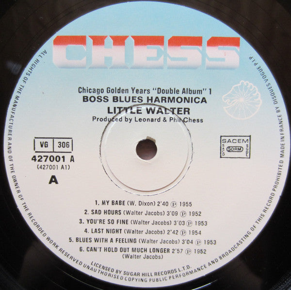 Image of Label Cover of 2xLP - VG/VG+ - LITTLE WALTER, Boss Blues Harmonica (Chess; 427001, France 1980 Reissue, Gatefold), Records very slightly dished. Sleeve has light staining / mottling,  - 1316587C
