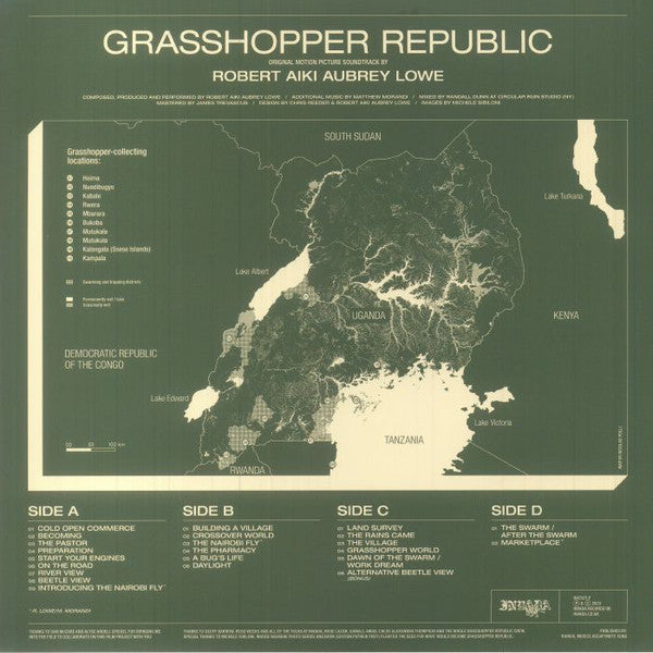 Image of Back Cover of LP - EX/EX - ROBERT AIKI AUBREY LOWE, Grasshopper Republic (Original Motion Picture Soundtrack) (Invada; INV307LP, UK 2023, Gatefold, News Paper, Limited Edition, Green & Yellow Split Color), ,  - 1346243S