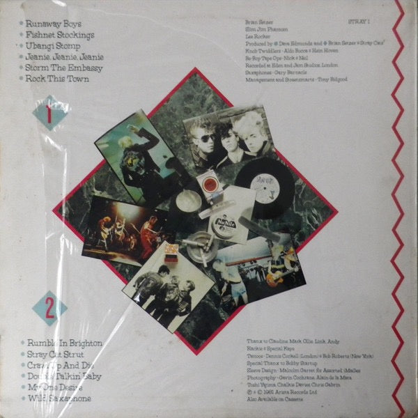 Image of Back Cover of LP - VG/VG - STRAY CATS, Stray Cats (Arista; STRAY 1, UK 1981, Semi-Laminated Front Sleeve, Inner & Tattoo Transfer), In hype stickered sleeve. Hairlines. Foxing, creasing and light edge wear. Protective sheet of tattoo transfer removed and tatt has partially been transfered onto it.,  - 1326355E