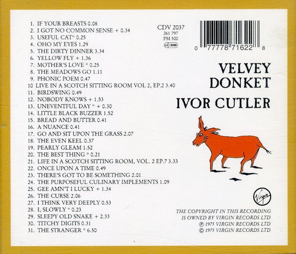 Image of Back Cover of CD - VG+/VG+ - IVOR CUTLER, Velvet Donkey (Virgin; CDV 2037, Europe , Jewel Case), ,  - 1316565C