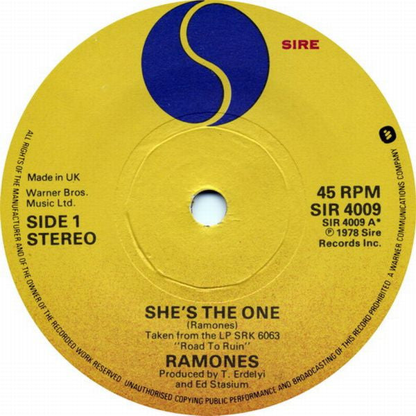 Image of Label Cover of 7" - VG/VG - RAMONES, She's The One b/w I Wanna Be Sedated (Sire; SIR 4009, UK 1978, Picture Sleeve), Edge and ringwear,  - 1356308S