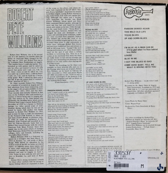 Image of Back Cover of LP - VG/VG - ROBERT PETE WILLIAMS, Those Prison Blues (Arhoolie Records; 2015, US 1971 Reissue), Record very slightly dished,  - 1316595C