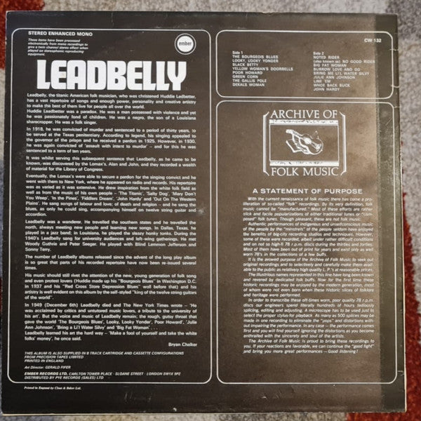 Image of Back Cover of LP - VG/VG - LEADBELLY, Leadbelly (Ember Records; CW 132, UK 1969, Laminated Front Sleeve), Sleeve has some creasing, pinching and laminate lift. Tiny rip at opening,  - 2116377C
