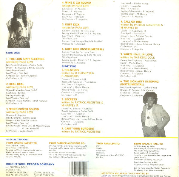 Image of Back Cover of LP - VG+/VG - PAPA LEVI, The Lion Ain't Sleeping (Bright Soul Record Company; BS 00003, UK 1990), Couple of white specks on surface.,  - 1346297S