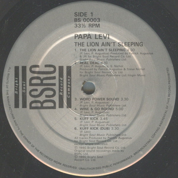 Image of Label Cover of LP - VG+/VG - PAPA LEVI, The Lion Ain't Sleeping (Bright Soul Record Company; BS 00003, UK 1990), Couple of white specks on surface.,  - 1346297S