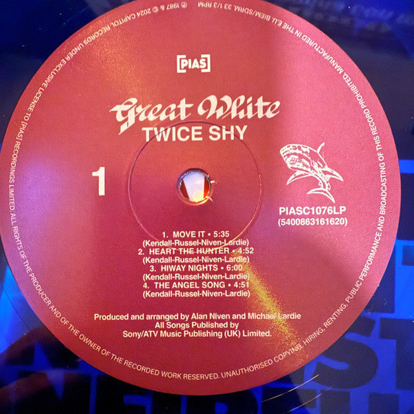 Image of Label Cover of LP - EX/VG - GREAT WHITE, ...Twice Shy ([pias]; PIASC1076LPIEX, Worldwide 2024 Reissue, Hype Stickered Poly Outer, Translucent Blue Vinyl), ,  - 1316760C
