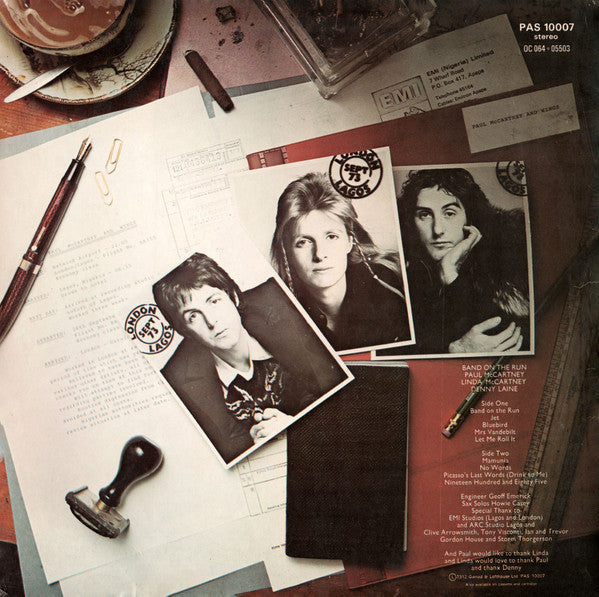 Image of Back Cover of LP - VG/VG - PAUL MCCARTNEY AND WINGS, Band On The Run (Apple Records; SO-3415, US 1973, Inner, Poster, Los Angeles pressing), Ring and edge wear., US pressing with "Helen's Wheels" on side B - 1326384E